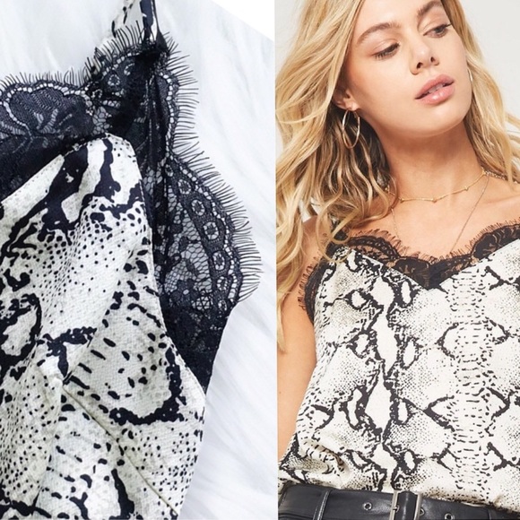 Snake Print Eyelash Lace Trim Camisole - Picture 2 of 8